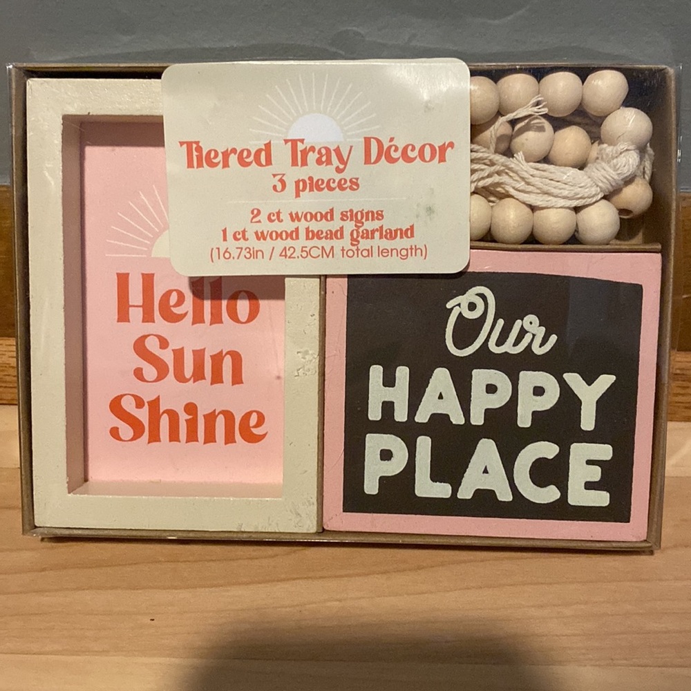 BRAND NEW TIERED TRAY DECOR. 2 CT WOOD SIGN, 1 CT WOOD BEAD GARLAND! NIB. NWT. - Picture 2 of 3